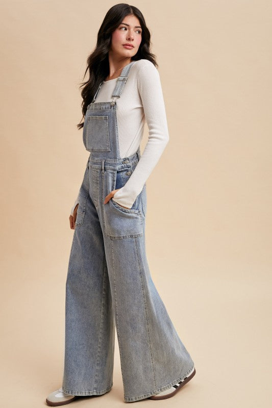 Washed Wide Leg Denim Overalls