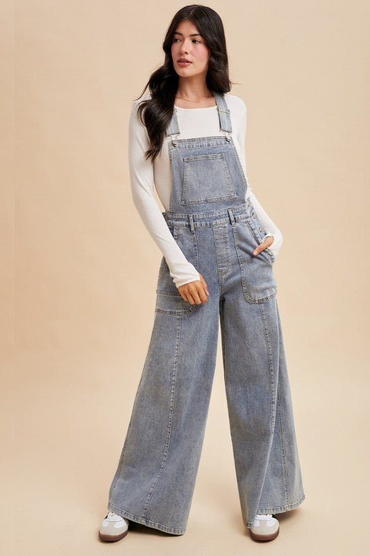 Washed Wide Leg Denim Overalls