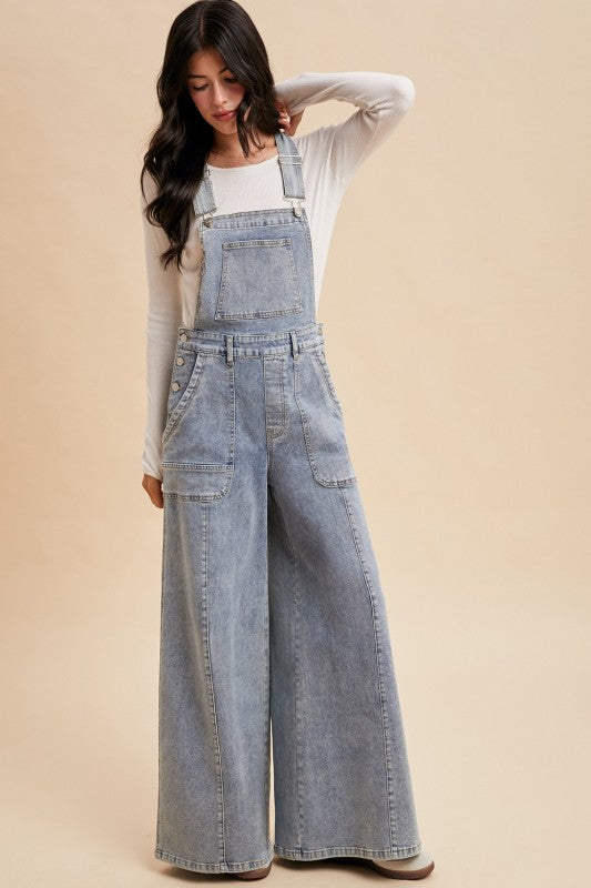 Washed Wide Leg Denim Overalls