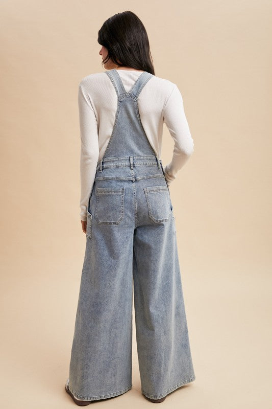 Washed Wide Leg Denim Overalls