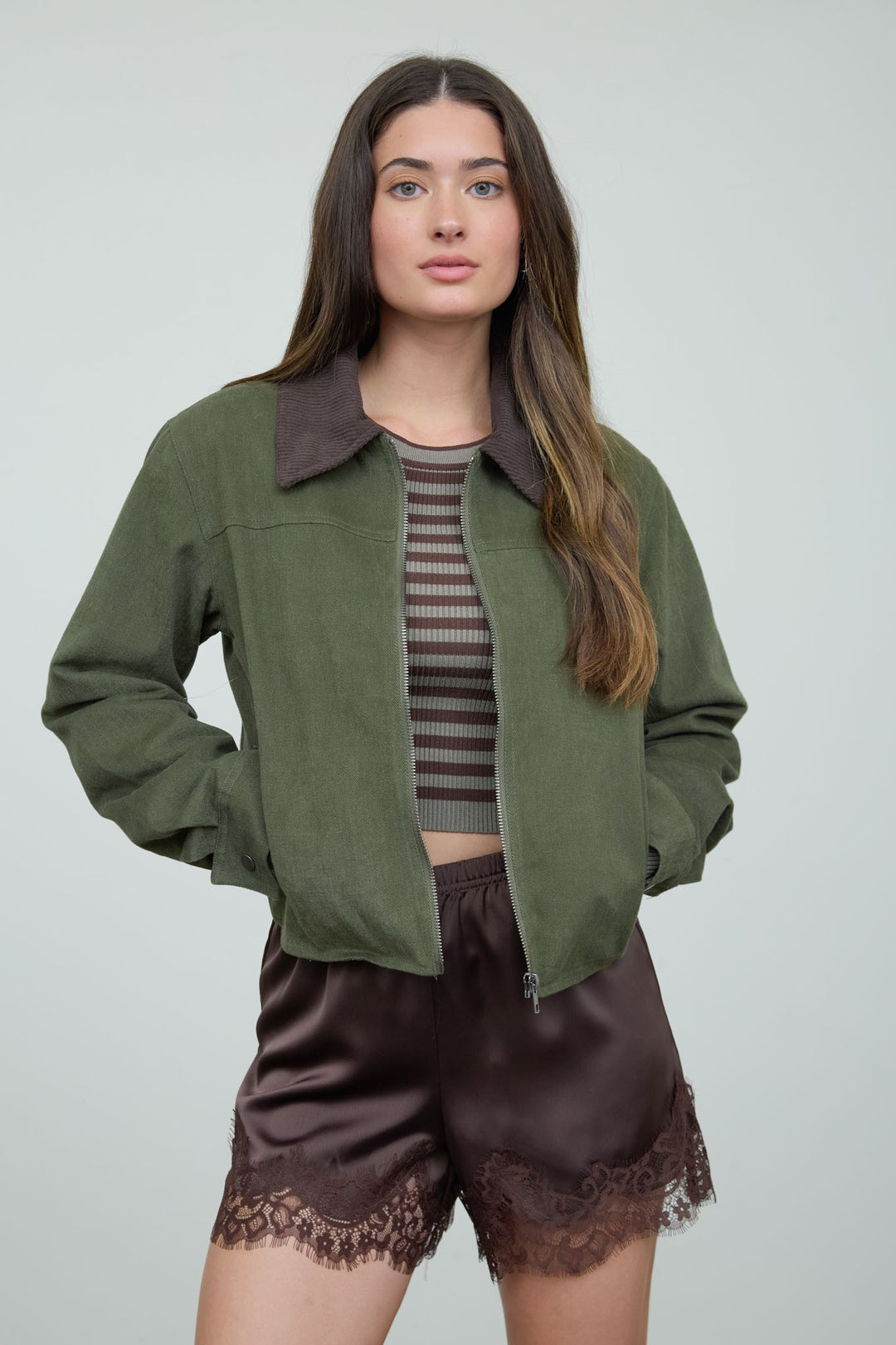 Dark Olive Corduroy Collar Jacket