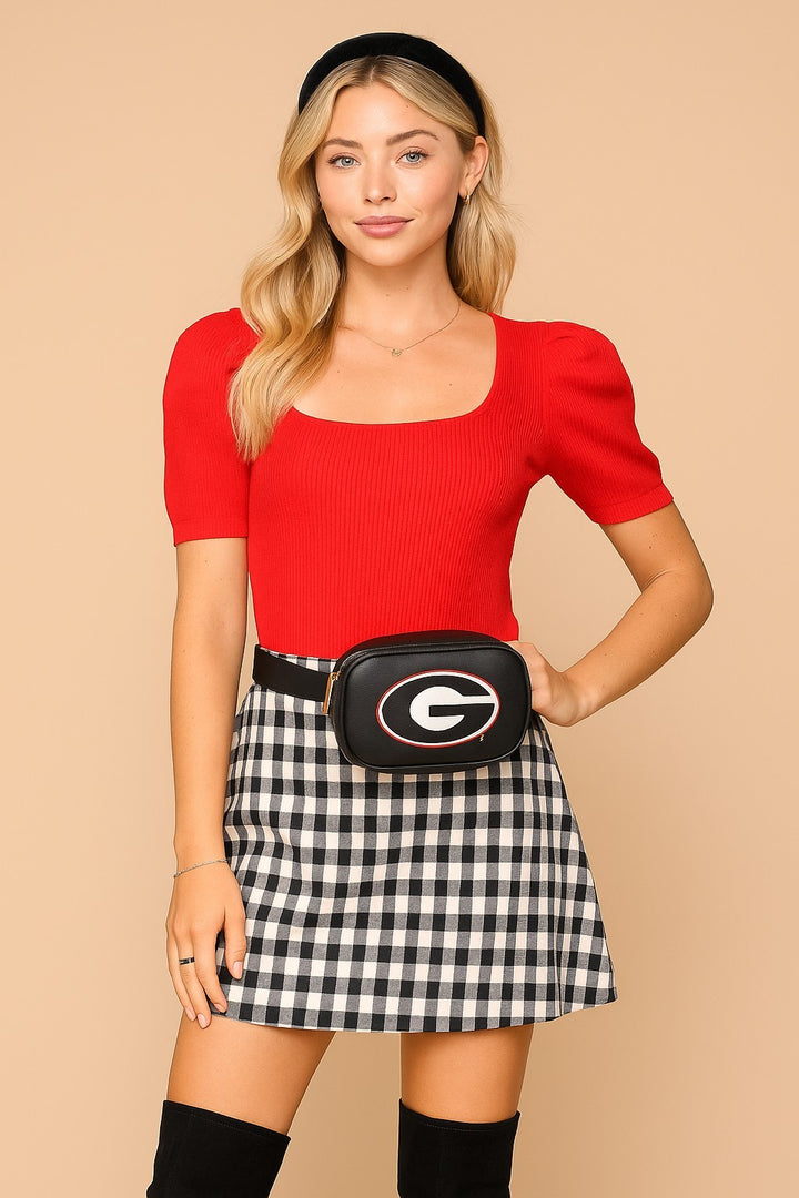 Red Puff Sleeve Ribbed Knit Top