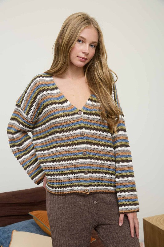 Brown Multicolor Stripe Button Down Cardigan
