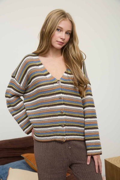 Brown Multicolor Stripe Button Down Cardigan