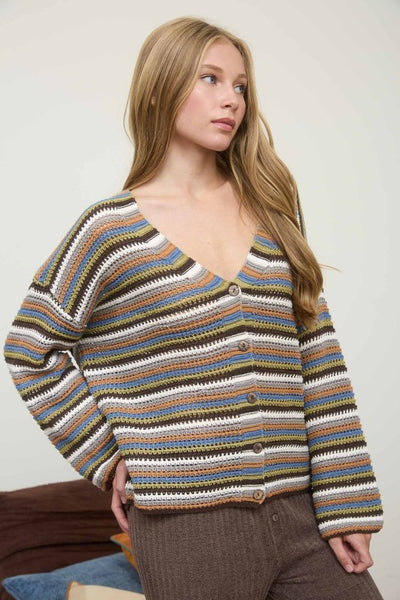 Brown Multicolor Stripe Button Down Cardigan