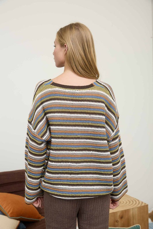 Brown Multicolor Stripe Button Down Cardigan