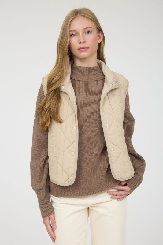 Khaki Snap Button Quilted Puffer Vest