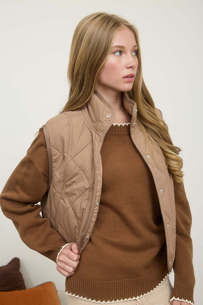 Mocha Snap Button Quilted Puffer Vest