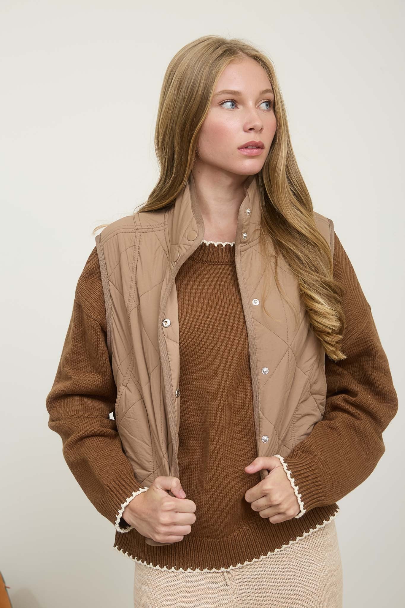 Mocha Snap Button Quilted Puffer Vest