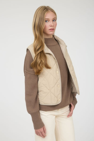 Khaki Snap Button Quilted Puffer Vest