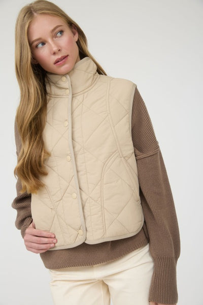 Khaki Snap Button Quilted Puffer Vest