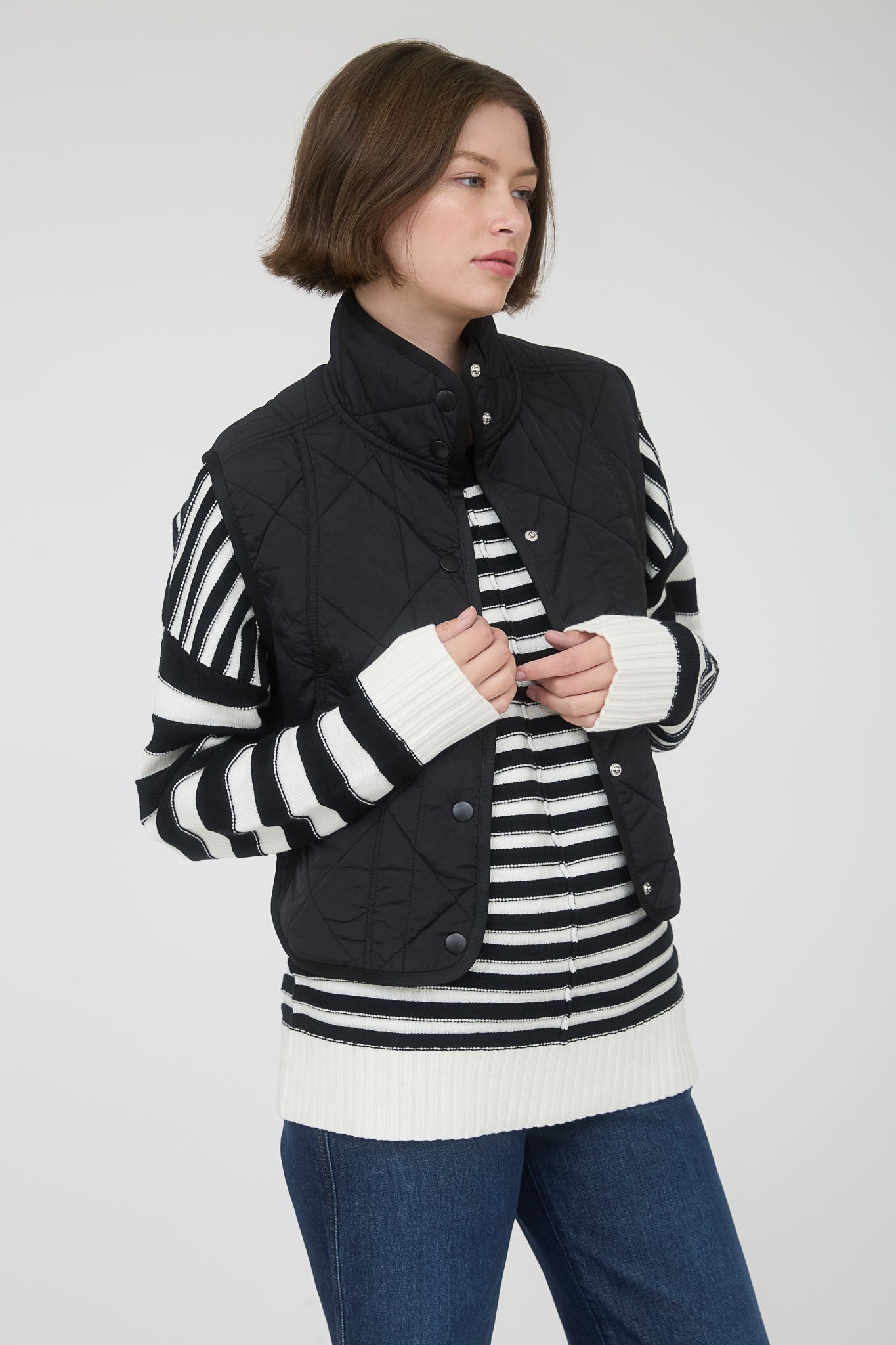 Black Snap Button Quilted Puffer Vest