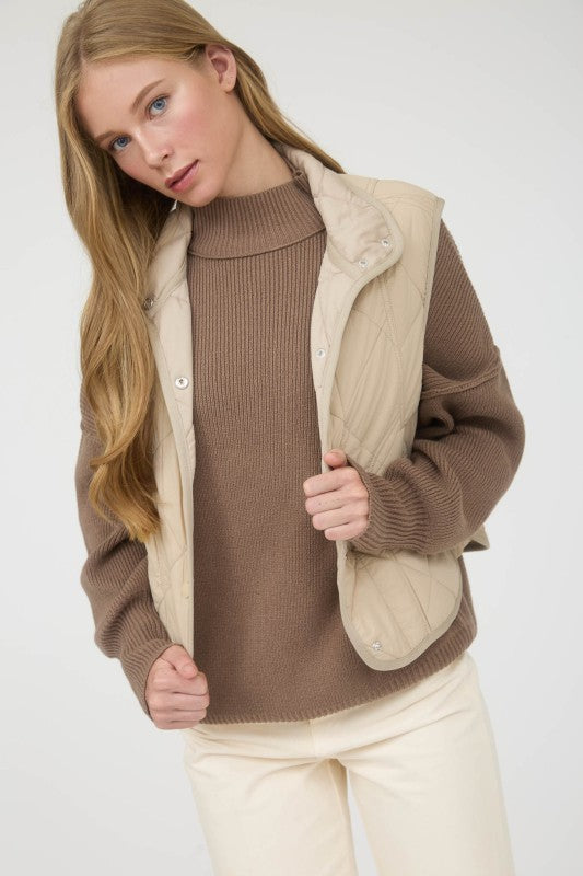 Khaki Snap Button Quilted Puffer Vest