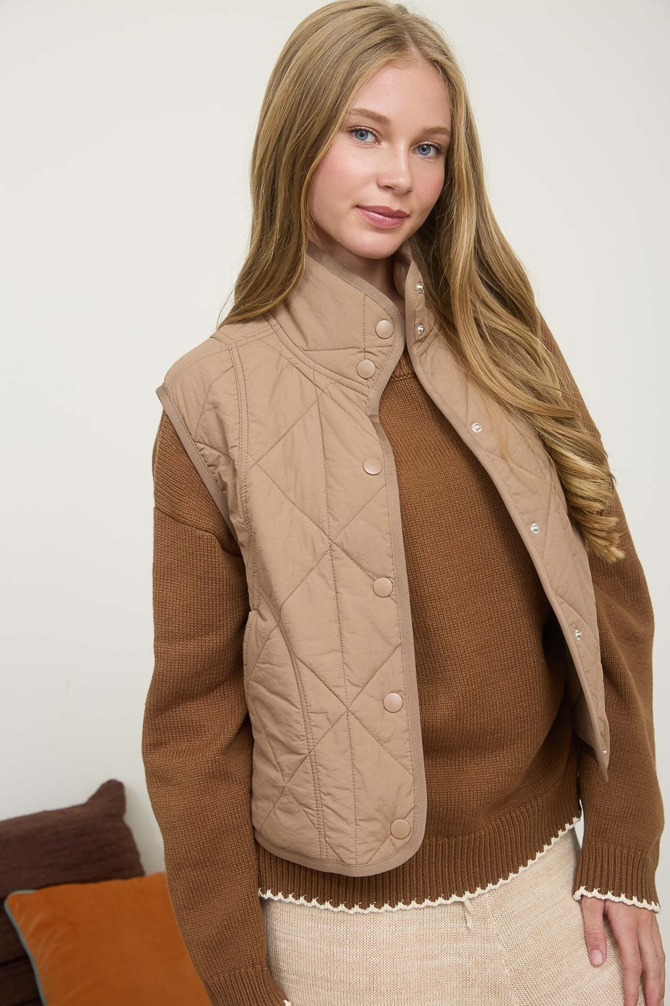Mocha Snap Button Quilted Puffer Vest