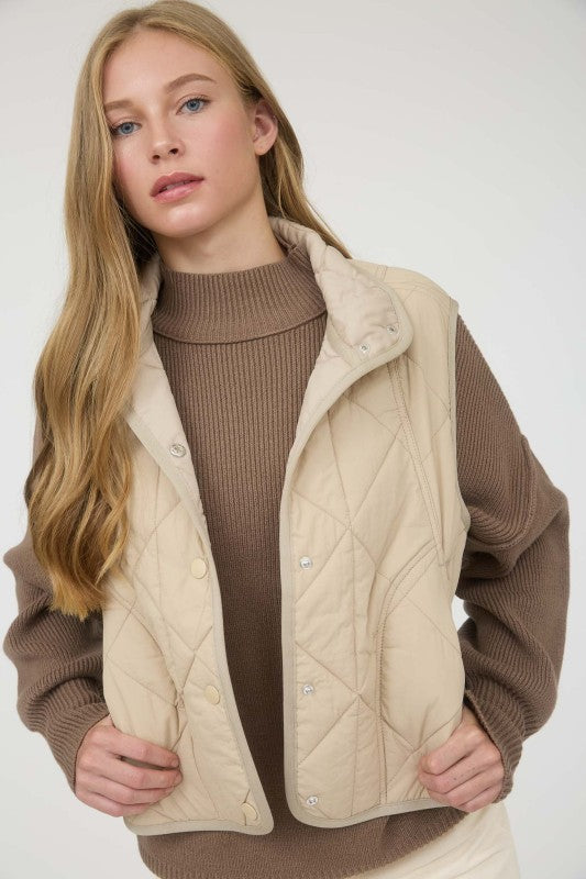 Khaki Snap Button Quilted Puffer Vest