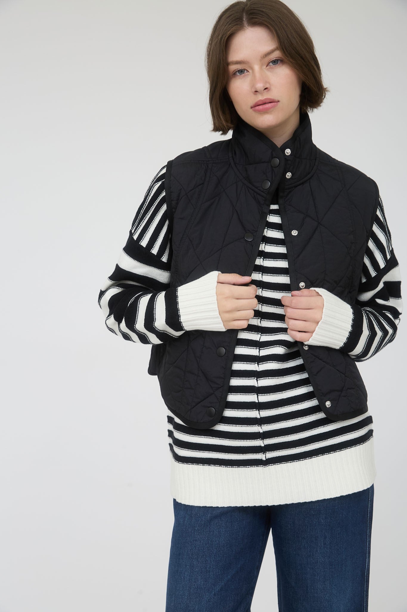 Black Snap Button Quilted Puffer Vest