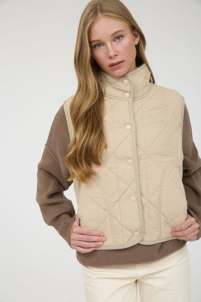 Khaki Snap Button Quilted Puffer Vest