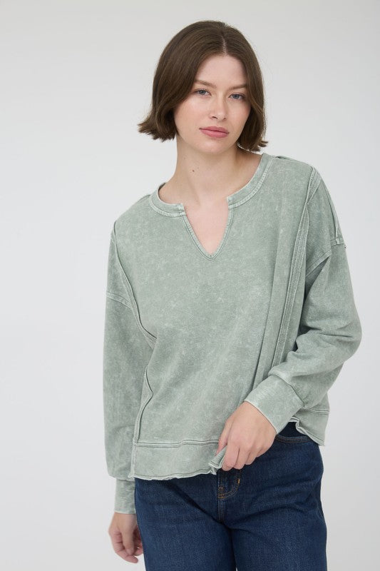 Moss Washed Split Neck Top