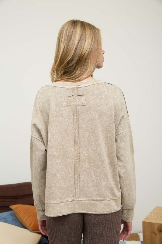 Tan Washed Split Neck Top