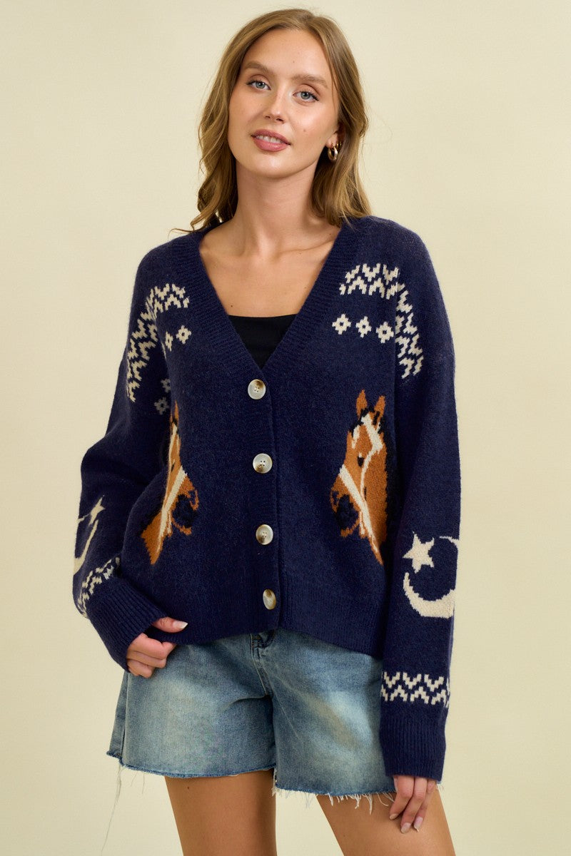 Dark Indigo Horse Oversized Cardigan