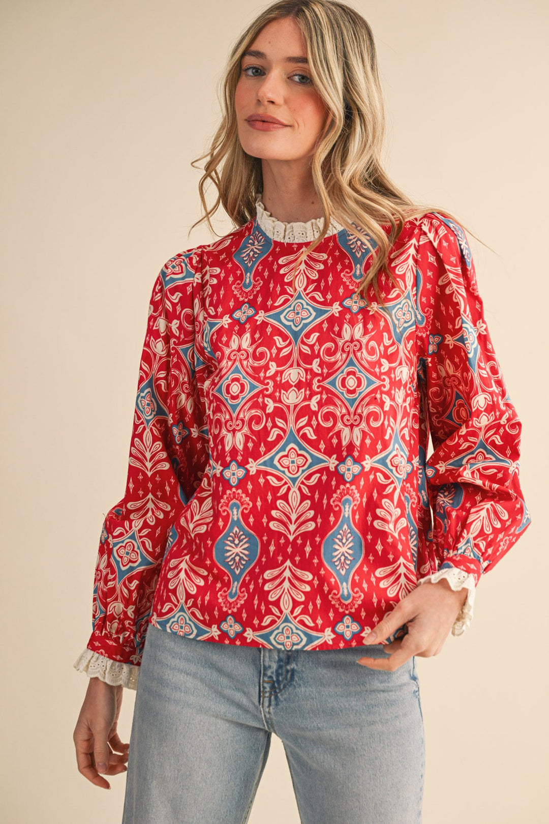 Red Ruffle Lace Mock Neck Top