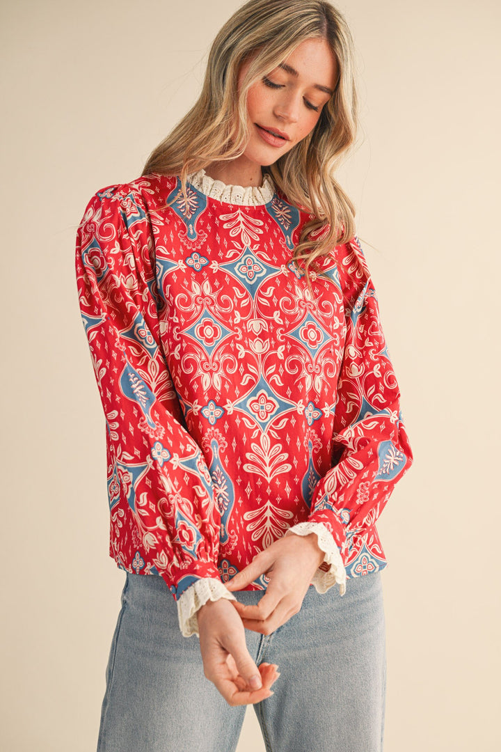 Red Ruffle Lace Mock Neck Top