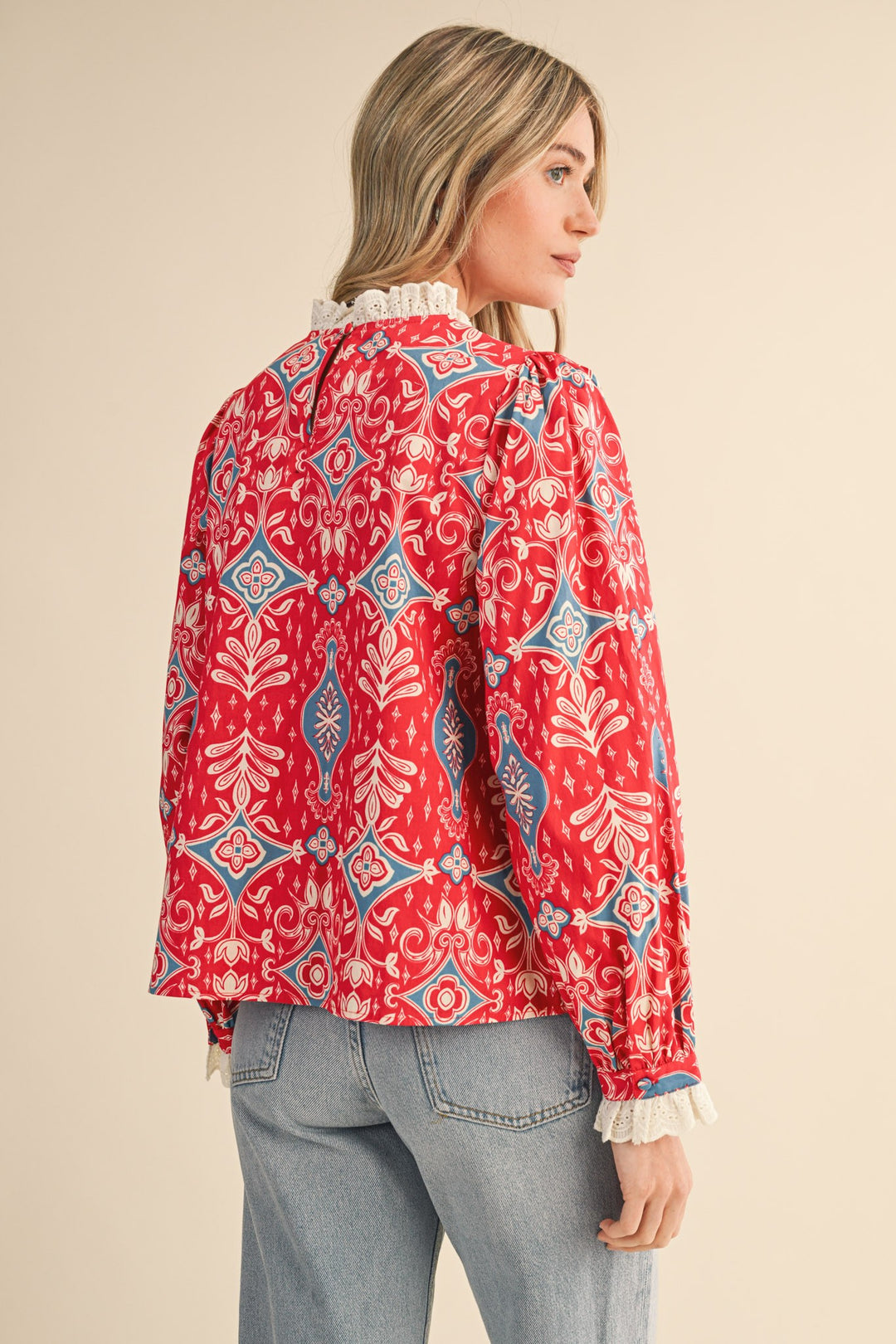 Red Ruffle Lace Mock Neck Top