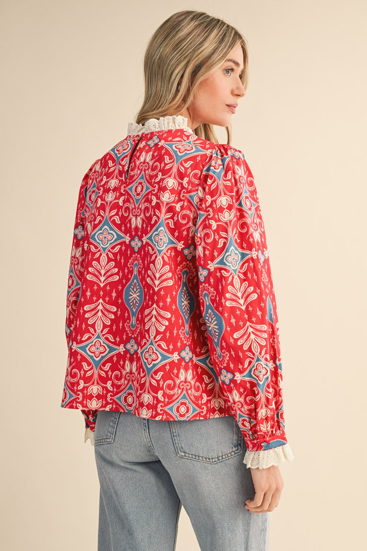 Red Ruffle Lace Mock Neck Top