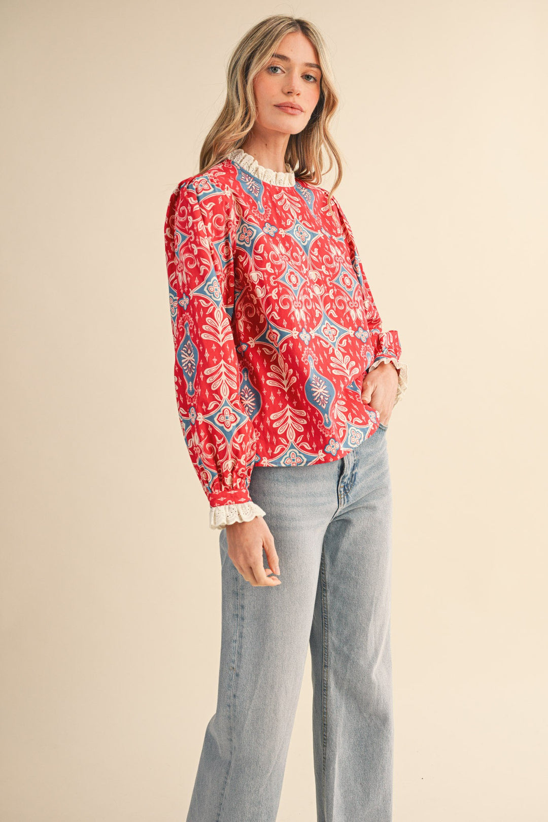 Red Ruffle Lace Mock Neck Top