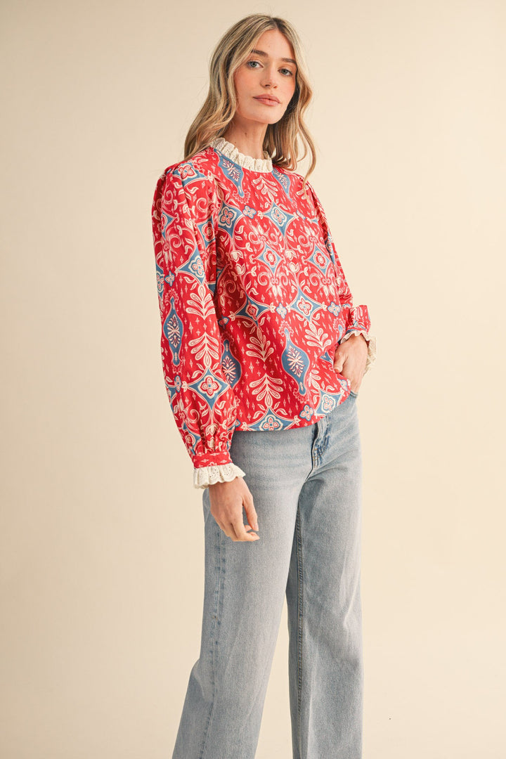 Red Ruffle Lace Mock Neck Top