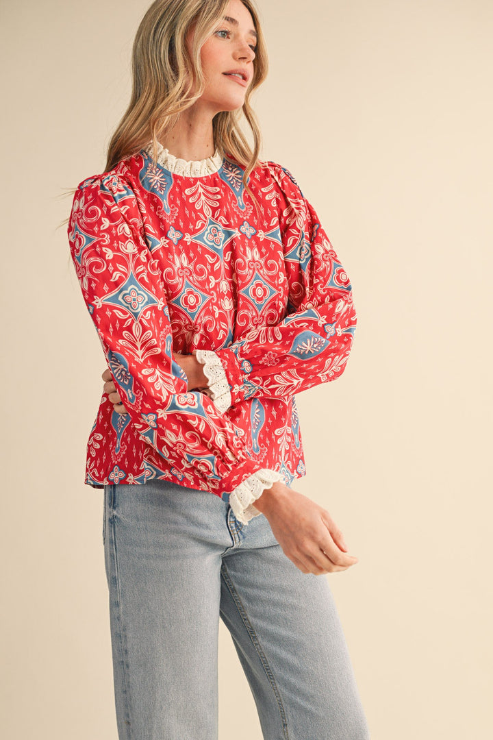 Red Ruffle Lace Mock Neck Top