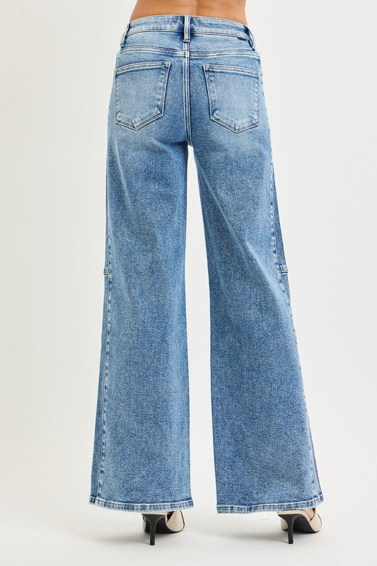 Risen High Rise Contrast Wide Leg Jeans
