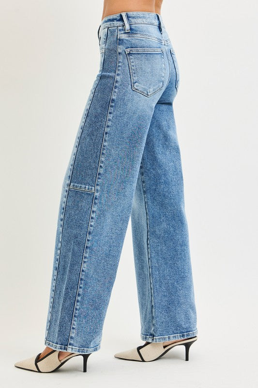 Risen High Rise Contrast Wide Leg Jeans