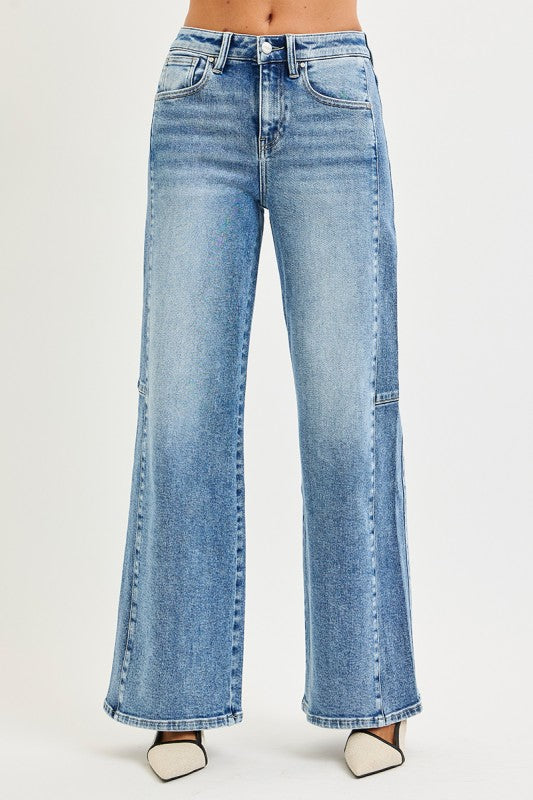 Risen High Rise Contrast Wide Leg Jeans