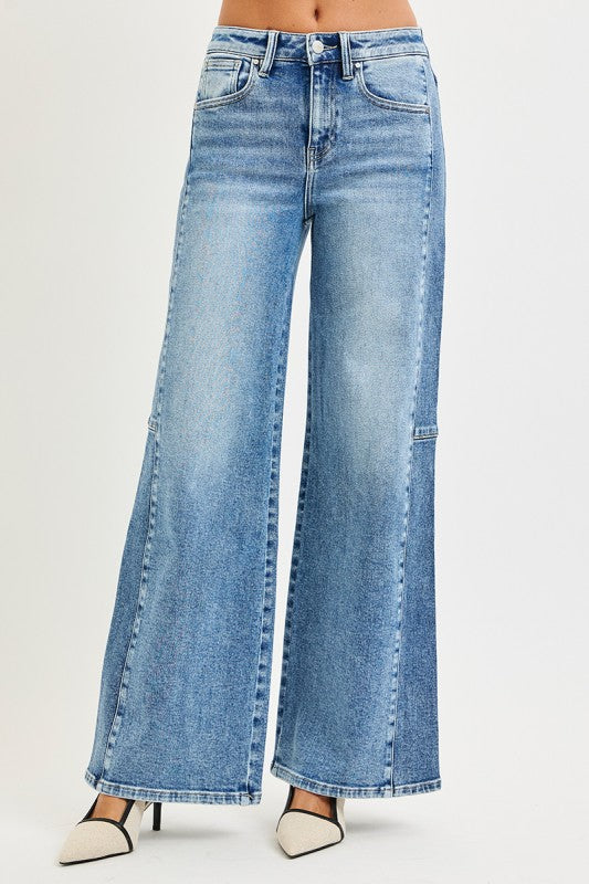 Risen High Rise Contrast Wide Leg Jeans