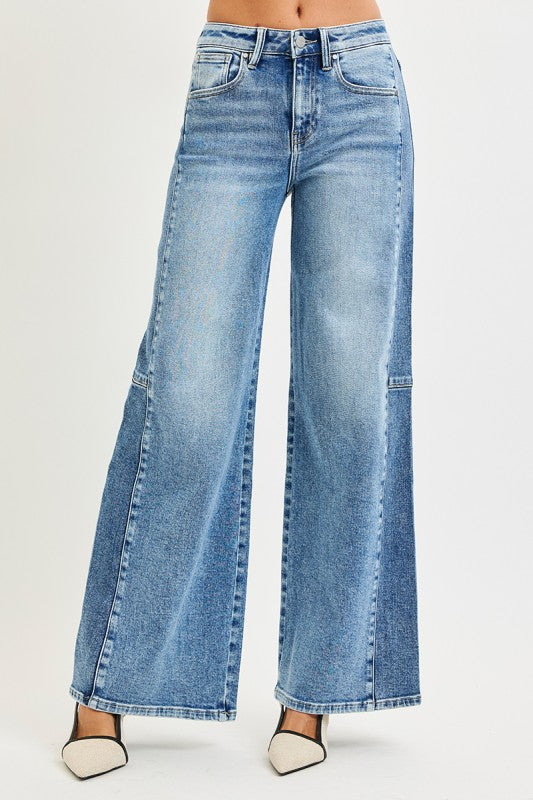 Risen High Rise Contrast Wide Leg Jeans