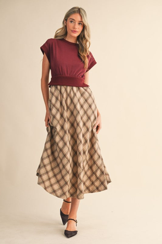 Taupe Plaid Midi Dress