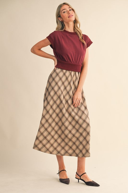 Taupe Plaid Midi Dress