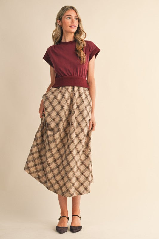 Taupe Plaid Midi Dress