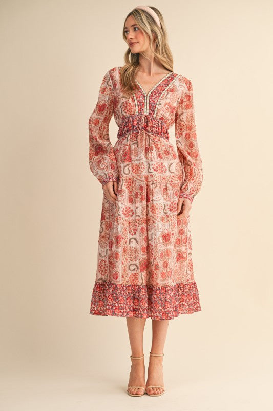 Berry Paisley Print Midi Dress