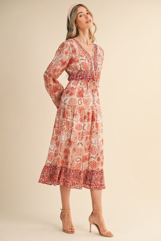 Berry Paisley Print Midi Dress