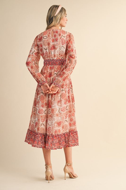 Berry Paisley Print Midi Dress