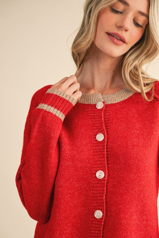 Red & Beige Two Tone Cardigan