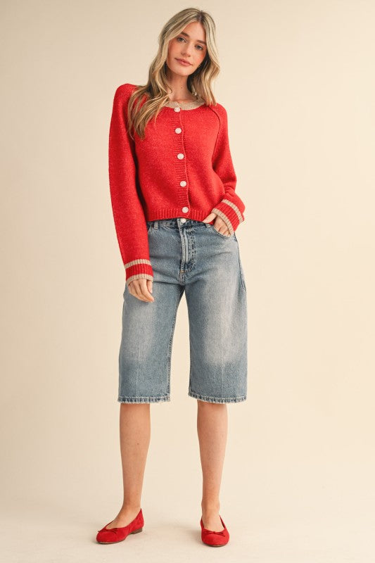 Red & Beige Two Tone Cardigan