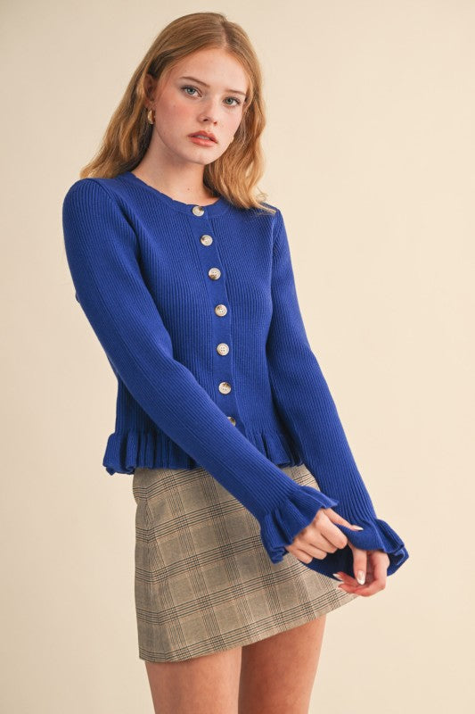 Royal Blue Ruffle Hem Ribbed Cardigan