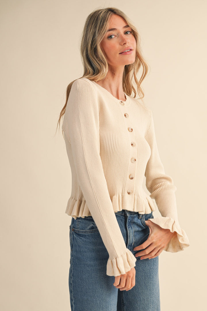 Egg Shell Ruffle Hem Ribbed Cardigan