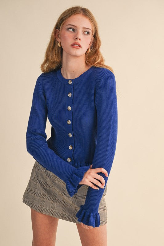 Royal Blue Ruffle Hem Ribbed Cardigan