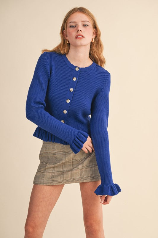 Royal Blue Ruffle Hem Ribbed Cardigan