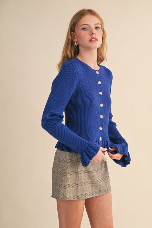 Royal Blue Ruffle Hem Ribbed Cardigan