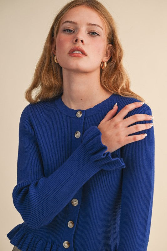 Royal Blue Ruffle Hem Ribbed Cardigan